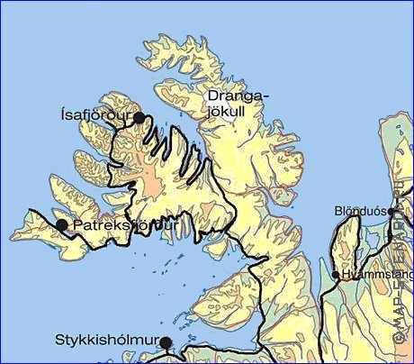 Physique carte de Islande en anglais