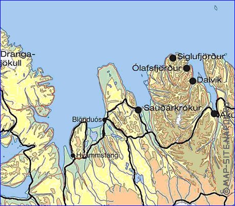 Physique carte de Islande en anglais