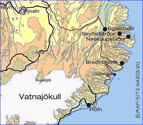 Physique carte de Islande en anglais