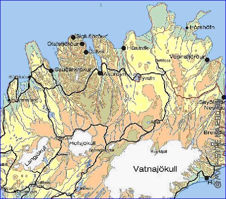 Physique carte de Islande en anglais