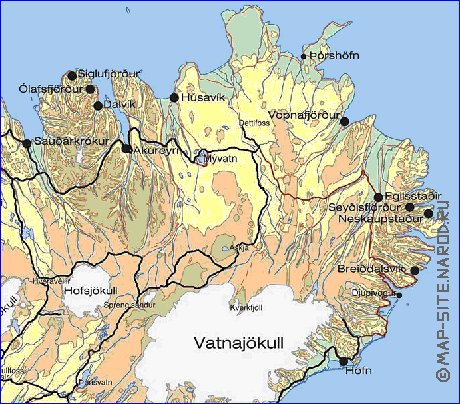 Physique carte de Islande en anglais