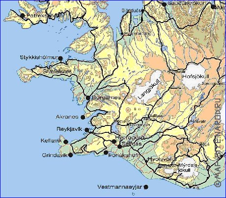 Physique carte de Islande en anglais