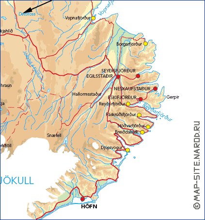 Physique carte de Islande