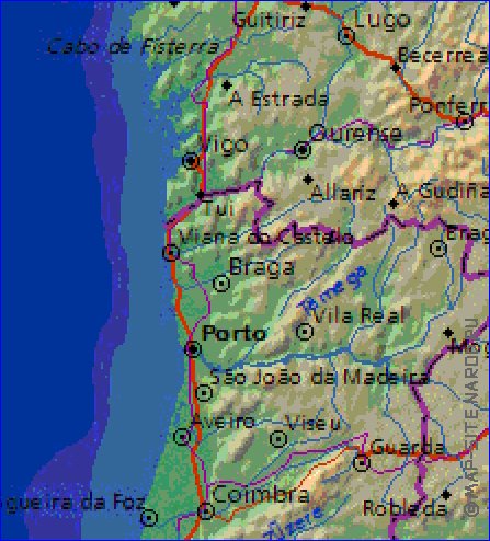 Physique carte de Espagne en anglais